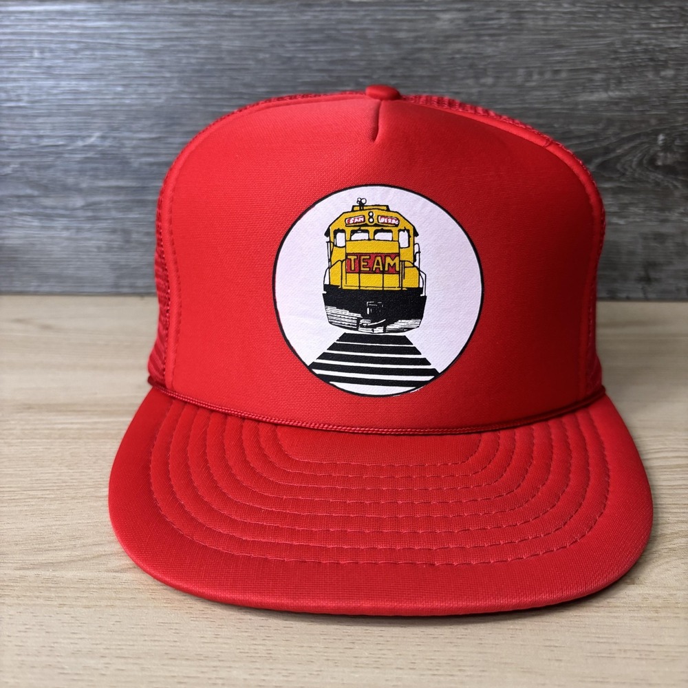 Vintage Train Locomotive Hat Cap Snap Back Red Trucker Mesh Patch Rope